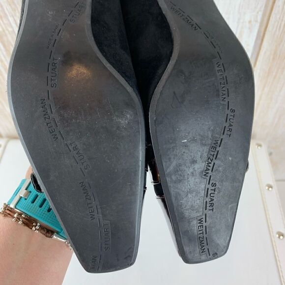 Stuart Weitzman Black Suede Low Heels Tortoise Patent Toe Cap 8 Narrow - Picture 11 of 13